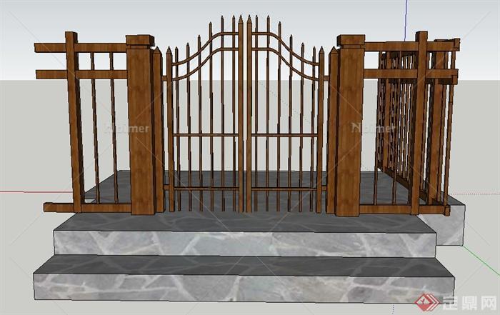 中式木制花园门及围栏su模型