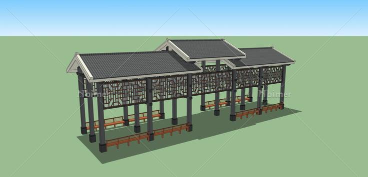 中式玻璃结构廊架(142807)su模型下载