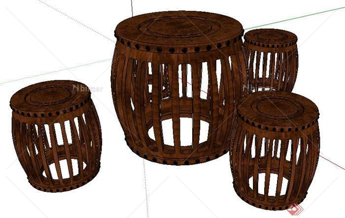 中式风格木制茶桌凳su模型