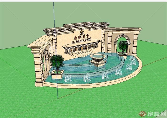 某欧式风格住宅小区入口景墙喷泉水景设计su模型