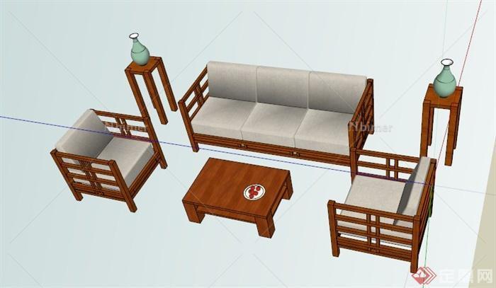 中式木质沙发茶几设计SU模型
