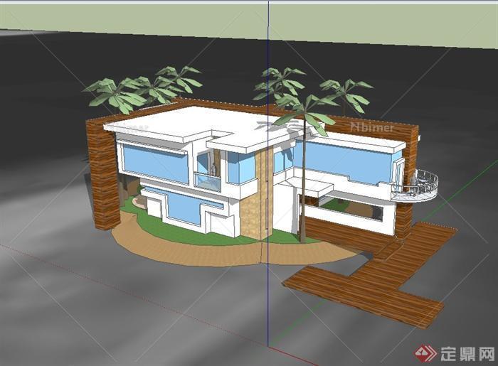 某现代住宅楼建筑设计SU模型（含庭院）