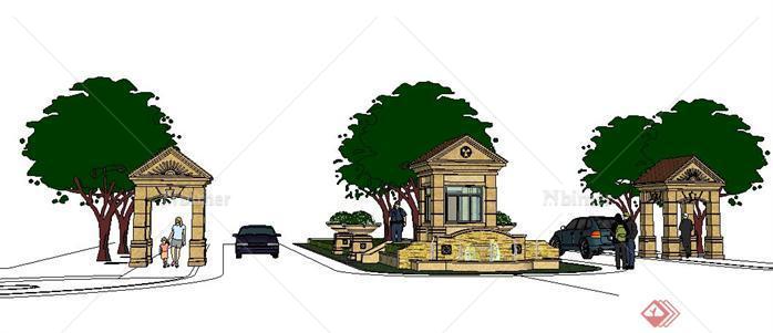 某欧式小区入口保安亭和大门景观设计SketchUp(S