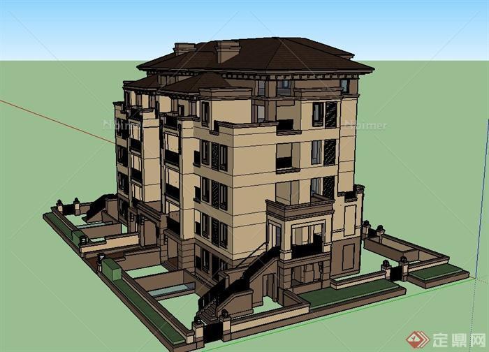 欧式六层联排别墅住宅建筑设计SU模型