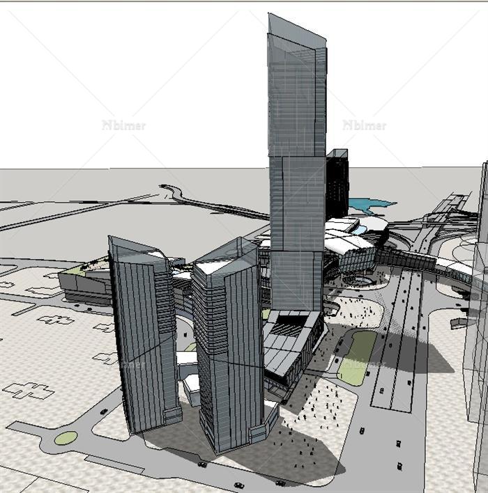 某现代风格城市商业办公广场综合体建筑设计SU模
