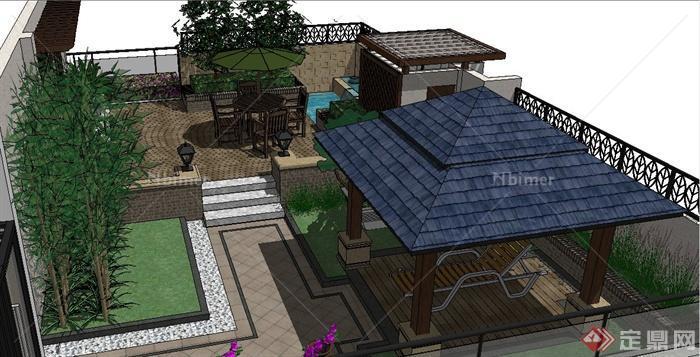 现代中式屋顶花园景观设计su模型