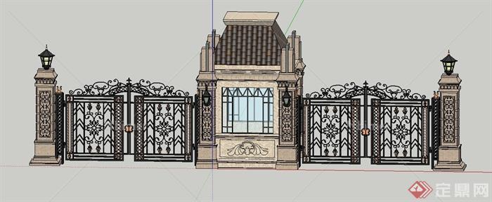 欧式铁艺大门与门卫亭设计SU模型[原创]