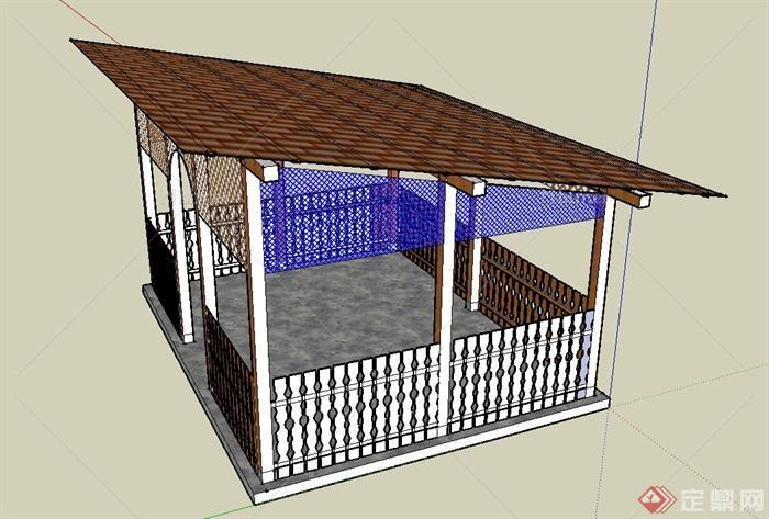 某方形木质坡屋面凉亭茶室设计SU模型
