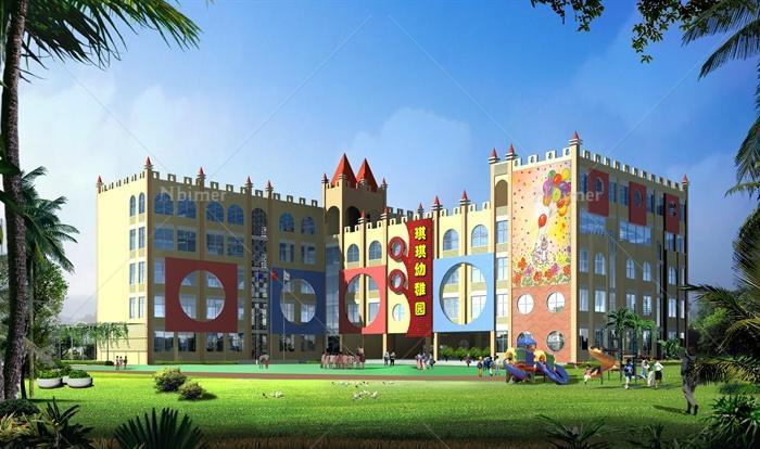 某欧式风格幼儿园建筑设计cad方案及效果图[原创