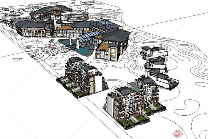 新中式别墅、商业楼及联体公寓建筑楼设计su模型