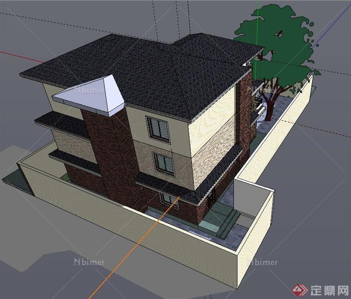 现代三层小别墅建筑设计SU模型
