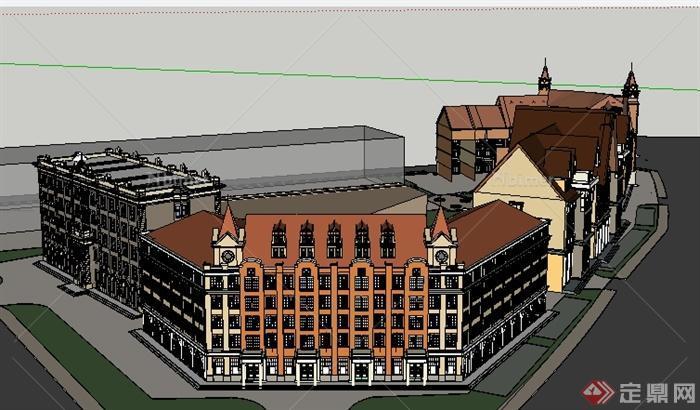 某欧式办公楼住宅商业街综合建筑设计SU模型