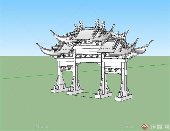 古典中式风格详细公园牌坊设计su模型[原创]