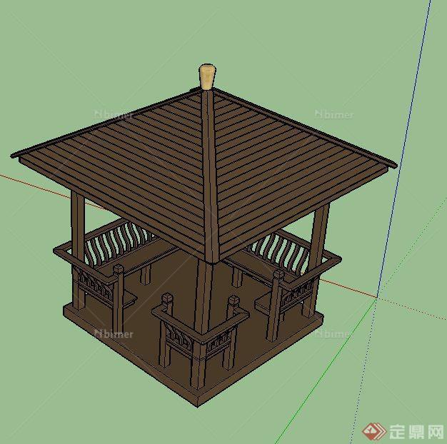 园林景观木制四角凉亭设计SU模型