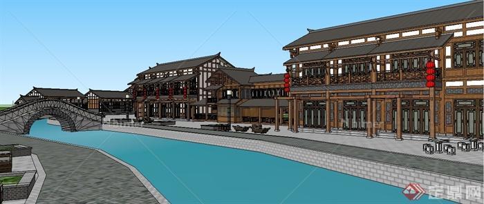 新中式风格滨河商业街建筑设计su模型[原创]