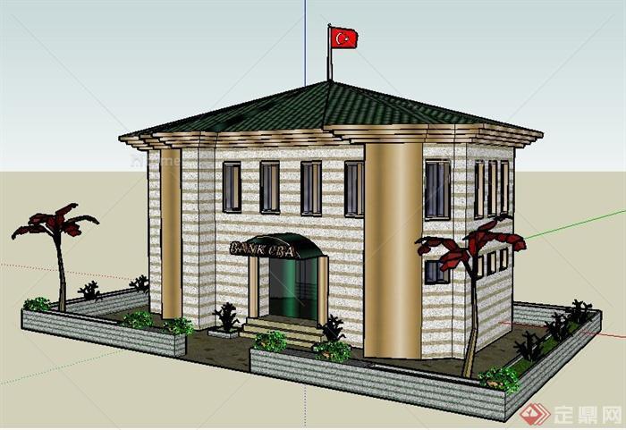 现代二层银行建筑设计SU模型