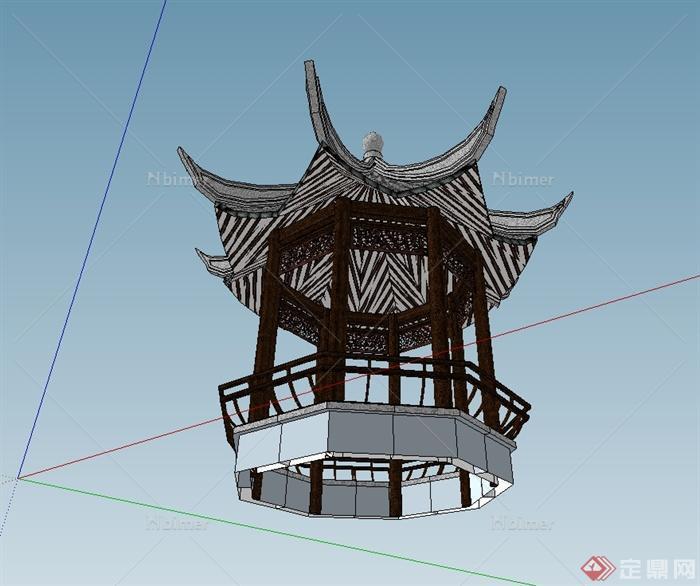 古典中式風格八角涼亭設計su模型原創