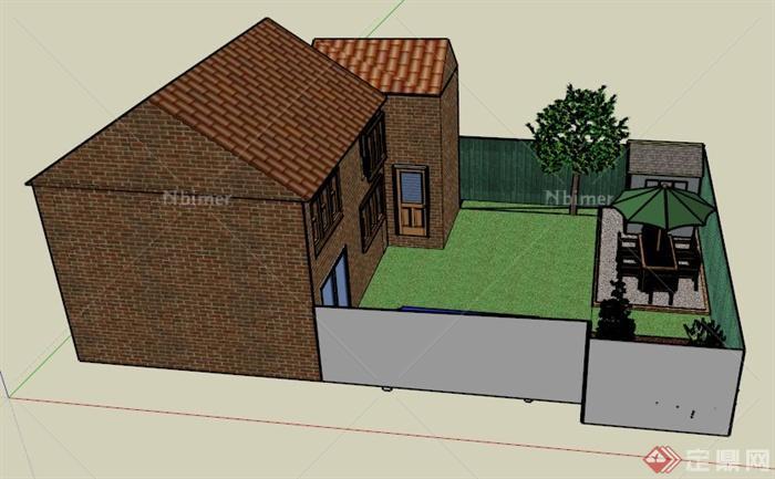 某现代两层两栋住宅建筑庭院景观设计SU模型