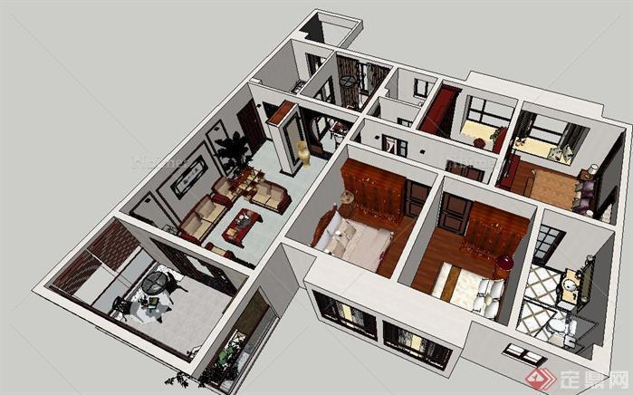 全套中式户型家装方案SU精细设计模型S（附全景效