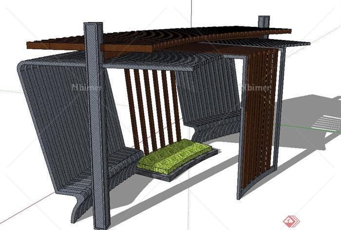现代木质与铁艺器材制成廊架设计SU模型