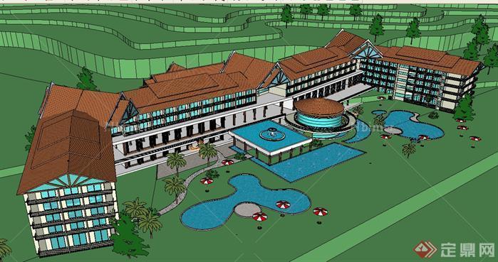 五星级东南亚风格度假酒店方案SU精致设计模型[原
