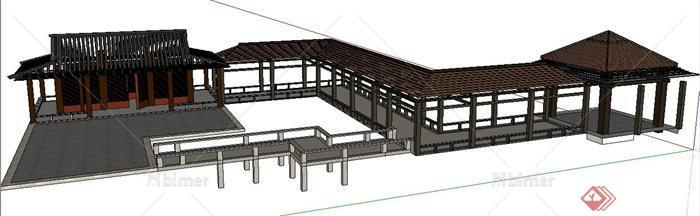 现代中式风格凉亭及长廊、园桥组合su模型