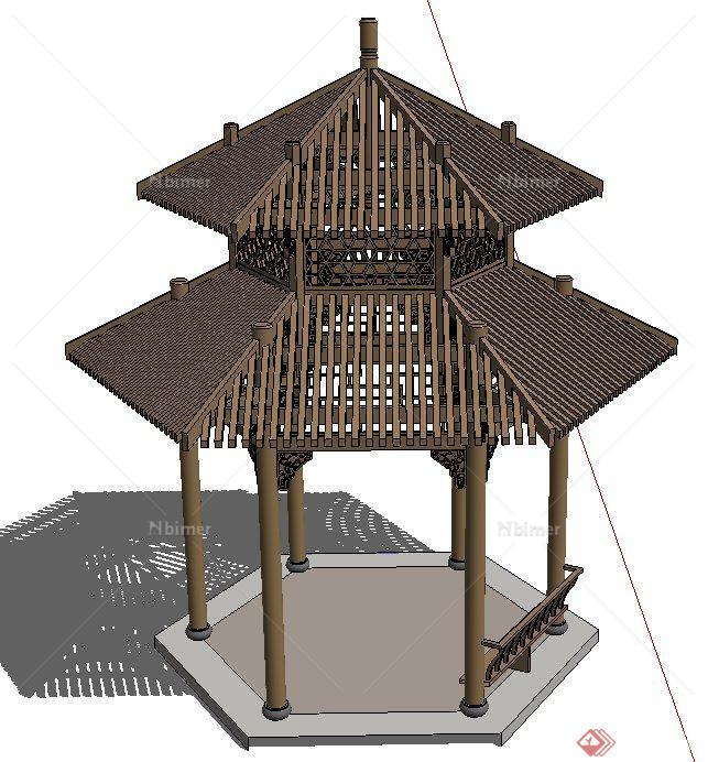 木质六角重檐亭设计SU模型