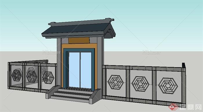 中式风格庭院门及围栏su模型