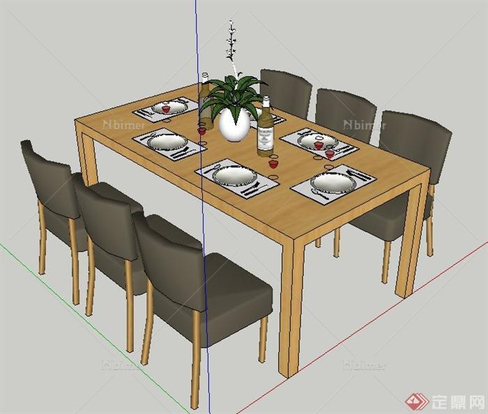 室内装饰简约6人座餐桌椅su模型