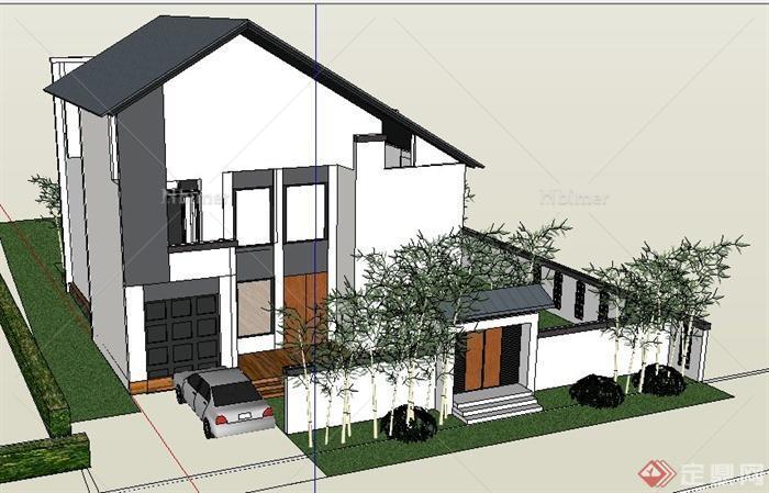 某现代中式三层别墅住宅建筑设计su模型