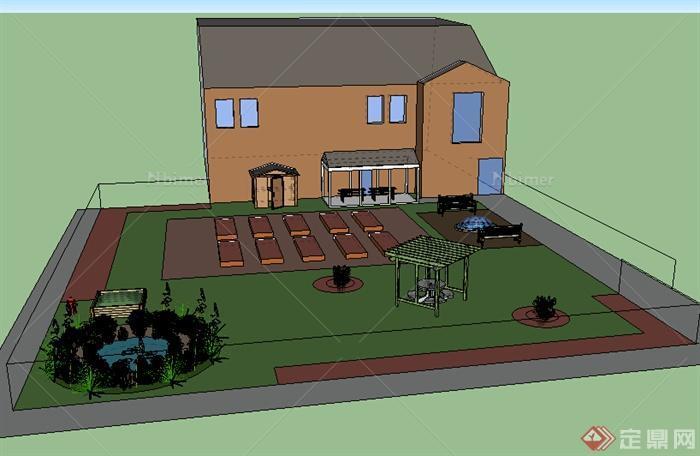某室外居住建筑房设计SU模型（含庭院花园）