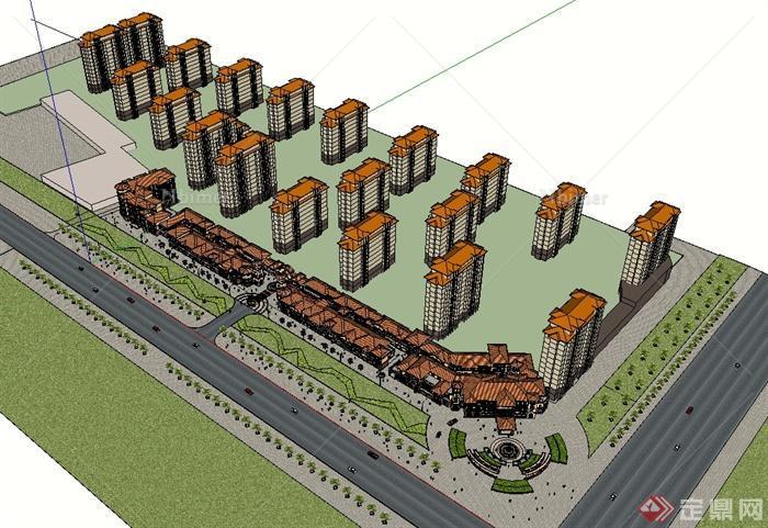 某欧式风格精致商业街建筑及住宅楼SU模型[原创]