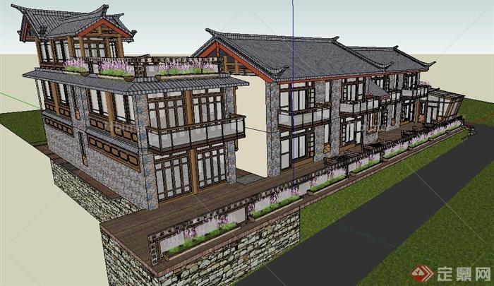 古典中式驿站旅馆建筑设计su模型[原创]