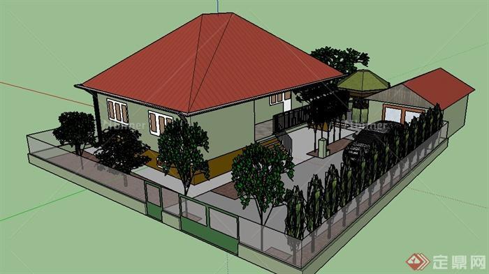 某现代风格庭院式住宅民居建筑设计SU模型