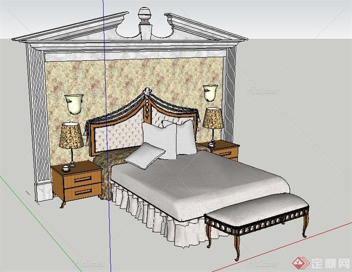 欧式风格卧室床及床头背景墙su模型