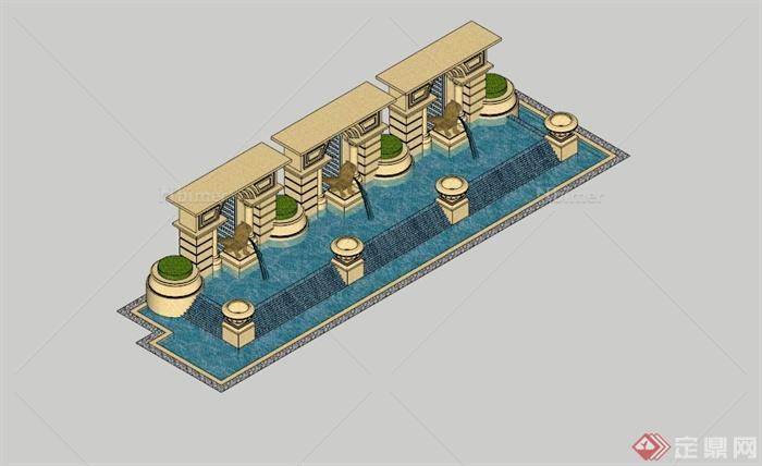 欧式入口景墙喷泉水池SU模型