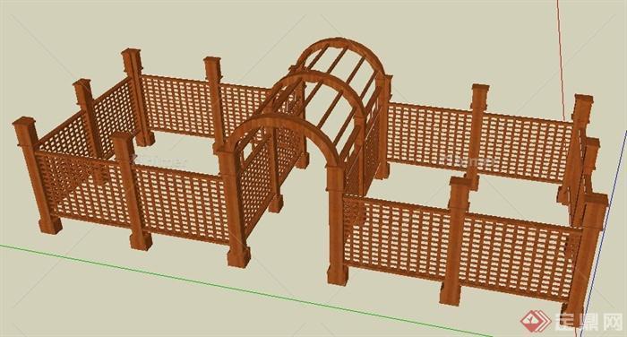 现代风格园林景观木廊架及栅栏su模型