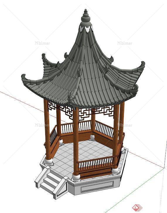 中式六角翘角亭设计SU模型