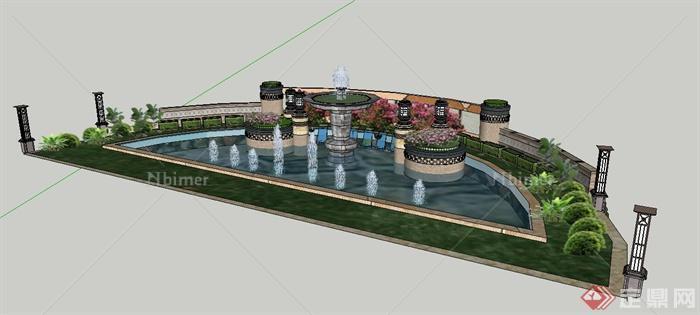 现代风格喷泉景观水池su模型