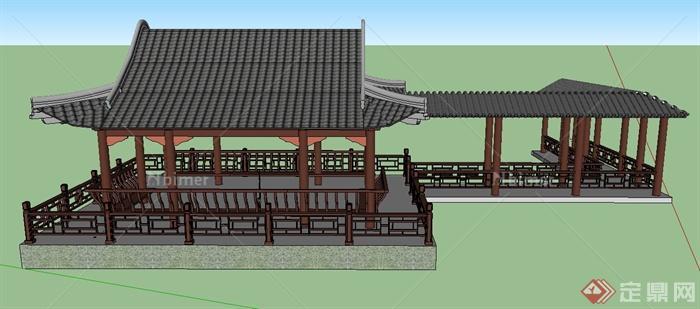 古典中式四角观水亭与廊架设计SU模型