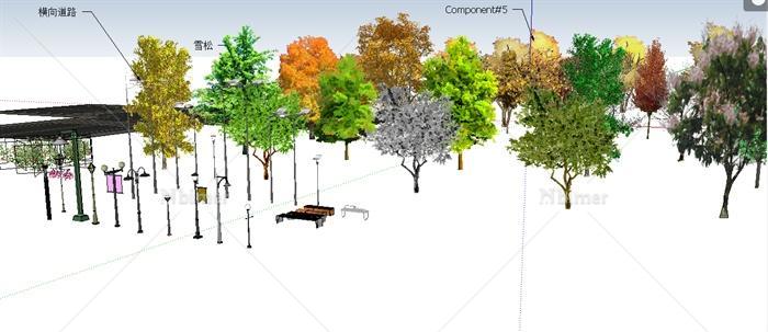 2d景观配景植物、路灯和椅子设计SU模型