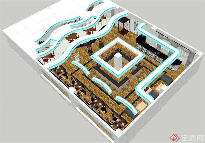 一个现代餐馆室内装潢方案SU精致设计模型（附CA