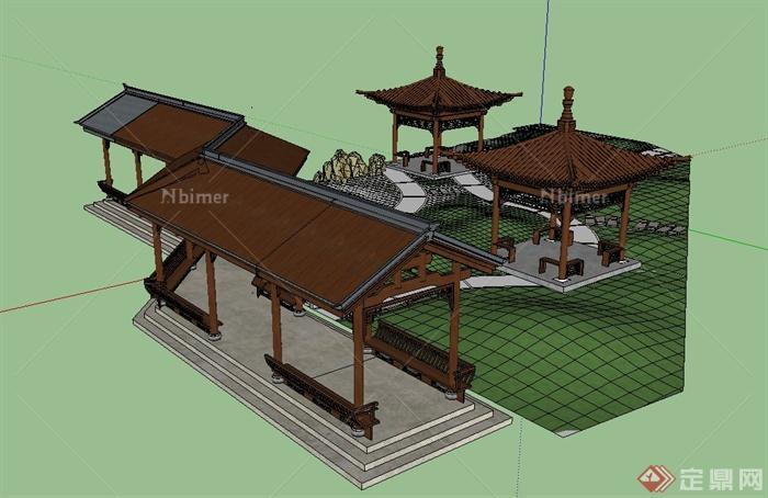 园林景观古典中式亭子与廊架设计SU模型