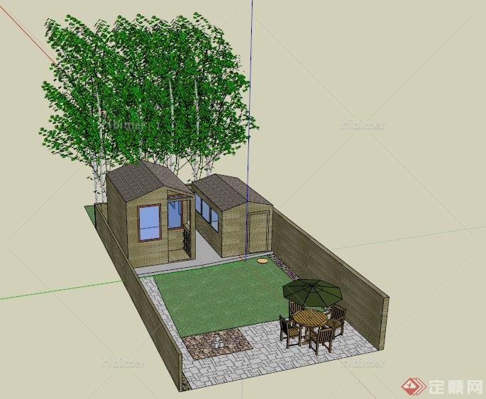 某现代两栋小型住宅建筑庭院景观设计SU模型