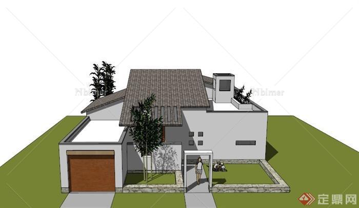 某现代中式一层庭院住宅建筑设计SU模型