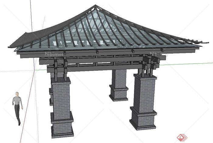 中式玻璃方形凉亭设计SU模型