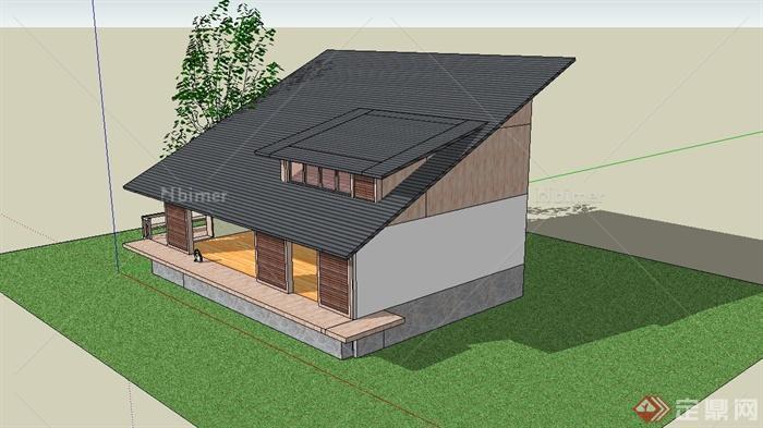 东南亚倾斜屋顶独栋别墅建筑设计su模型[原创]