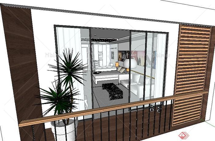 某一室一厅单身公寓室内空间设计SU模型（含阳台