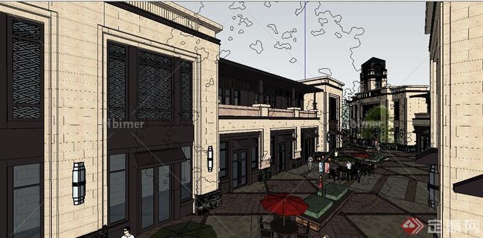 新古典风格步行商业街建筑设计su模型（带街道环