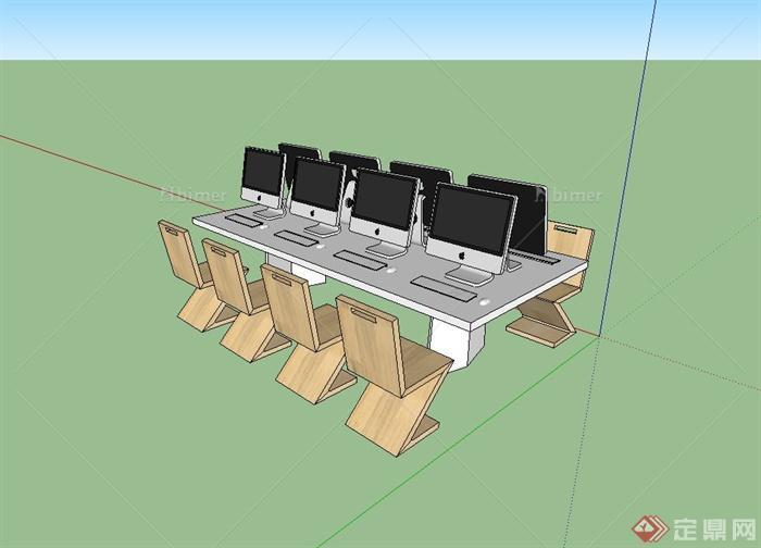 某现代时尚办公室电脑、桌椅设计su模型